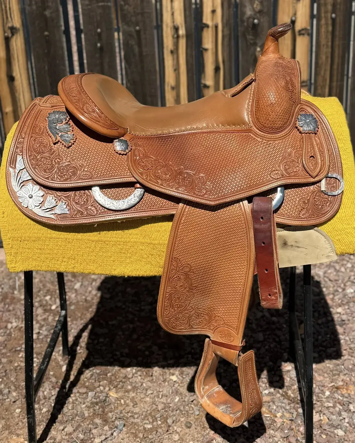 Bob's Custom Saddle — 16 Seat Tan Leather Sterling Silver Corner Plates — $5,995
