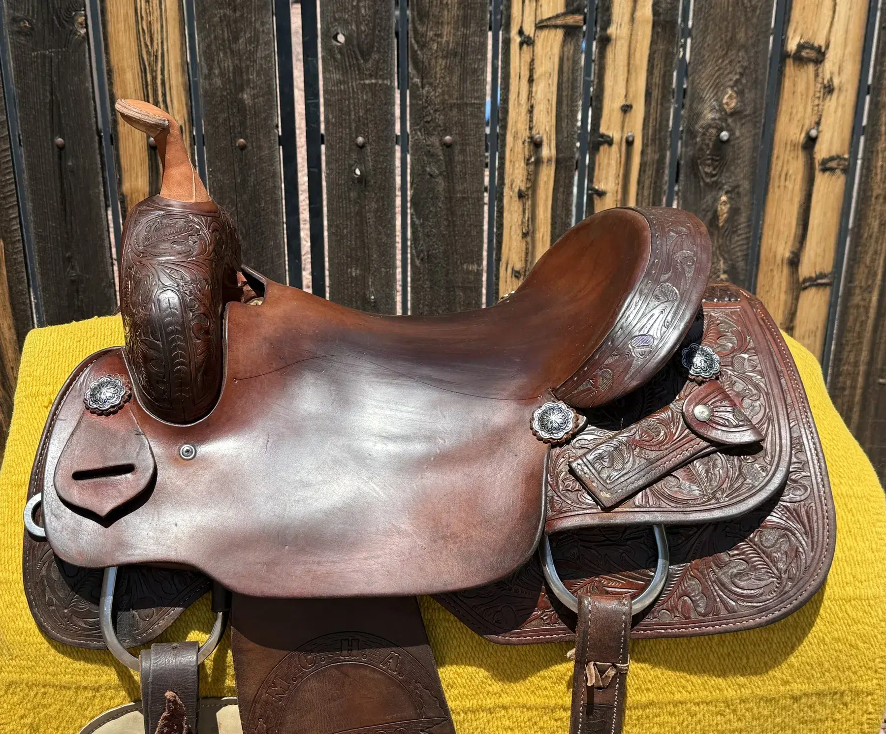 Teddy Johnson Cutter 16 inch seat — handtooled floral silver conchos NCHA competition history